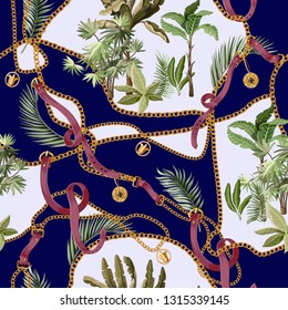 Seamless summer pattern with belts, chains and tropical leaves and trees. Trendy fashion print