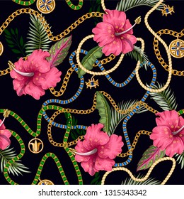 Seamless summer pattern with belts, chains and tropical leaves and flowers. Trendy fashion print