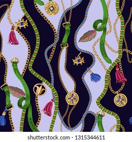 Seamless summer pattern with belts, chains and tropical leaves . Trendy fashion print