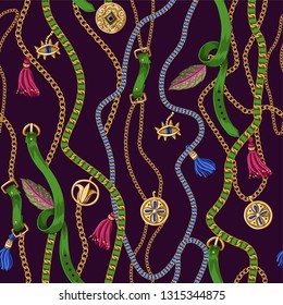 Seamless summer pattern with belts, chains and tropical leaves . Trendy fashion print