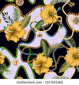 Seamless summer pattern with belts, chains and tropical leaves and flowers. Trendy fashion print