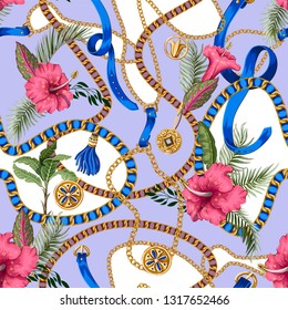 Seamless summer pattern with belts, chains and tropical leaves and flowers. Trendy fashion print