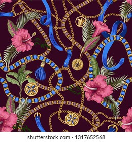 Seamless summer pattern with belts, chains and tropical leaves and flowers. Trendy fashion print