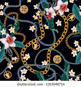 Seamless summer pattern with belts, chains and tropical leaves and flowers. Trendy fashion print.