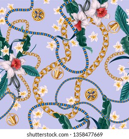 Seamless summer pattern with belts, chains and tropical leaves and flowers. Trendy fashion print.