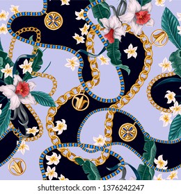 Seamless summer pattern with belts, chains and tropical leaves and flowers. Trendy fashion print.