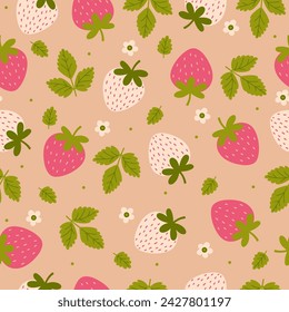 Seamless summer pattern with berries, flowers and strawberry leaves. Vector graphics.