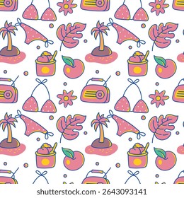 Seamless Summer Pattern with Bikini, Peach, and Tropical Island Doodles