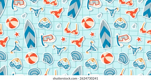 Padrão contínuo de verão com biquínis, maiôs, pranchas de surf, óculos de snorkel, bolas de praia e conchas em um fundo de grade azul claro. Perfeito para temas de maiô, roupas de praia e vibrações de férias.