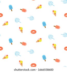 Seamless summer pattern with blue pink color ice cream and water ring shapes. Vacation style design texture vector.