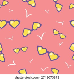 Seamless summer pattern with blue and violet sunglasses and flying seagulls on bright red background for fabric, tablecloth, wrapping paper and surface design