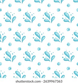Seamless summer pattern with blue water splashes and ice cubes. Cartoon vector background.