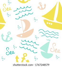 seamless summer pattern with boats, anchors and sea