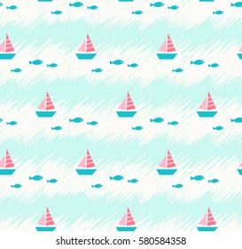 seamless summer pattern with boats and fishes