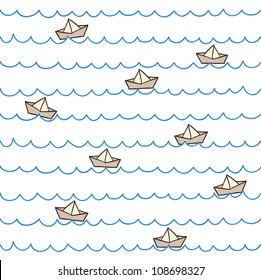 Seamless summer pattern. Boats on waves. Vector illustration