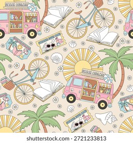 Seamless summer pattern with books, bicycles, palm trees and sunshine creates a playful vacation illustration for backgrounds and surface design.