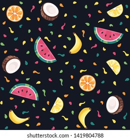 Seamless summer pattern. Bright colorful citrus fruits, lemon, coconut, watermelon, banana. Yellow, red, orange colors. Simple modern design. Tropical background. Flat style vector illustration.