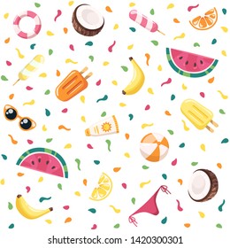 Seamless summer pattern. Bright colorful citrus fruits, ice-cream, coconut, watermelon, banana. Yellow, red, orange colors. Simple modern design. Tropical background. Flat style vector illustration.