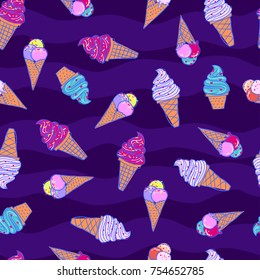 seamless summer pattern with bright icecream and jucie on a violet background For teenagers