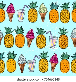 seamless summer pattern with bright orange pineapple and ice cream and jucie on a blue background For teenagers