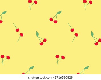 Seamless summer pattern with bright red cherry pairs and green leaves scattered on soft yellow background. Cute flat fruit vector texture perfect for wrapping paper, fabric, kids clothing, stationery and fresh seasonal branding.