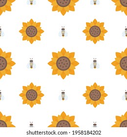Patrón veraniego sin foco con girasoles y abejas brillantes. Papel tapiz para tela, textil, vivero
