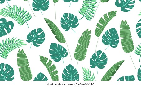Nahtloses Sommermuster mit hellen tropischen Blättern. Vektorgrafik für Dekoration, Textilien, Decken, Umhüllungspapier.