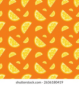 Seamless summer pattern with bright yellow lemon wedges on vibrant orange backgrounds. Cartoon vector background