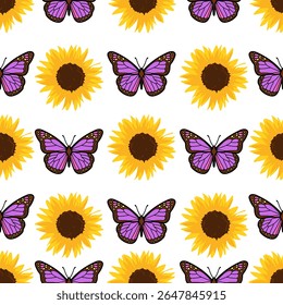 Seamless summer pattern of bright yellow sunflower and purple butterfly alternating on transparent background.