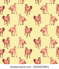 Seamless summer pattern of brown horse, baby horse on yellow background.trendy pattern with animal in various poses. Background of realistic figures of horses pattern. spring summer horses pattern.