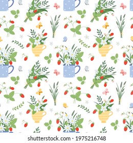 Seamless summer pattern with butterflies and bouquets of wildflowers and wild strawberries.