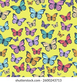 seamless summer pattern with butterflies of different colors on a yellow background