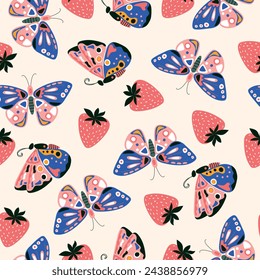 Seamless summer pattern with butterflies and strawberries. Vector.