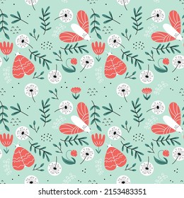 Seamless summer pattern. Butterfly and flower garden. Background for sewing clothes and printing on fabric. Wallpaper.