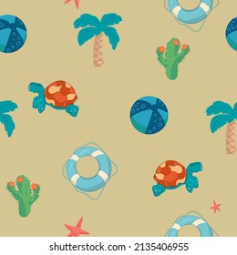 seamless summer pattern with cactus, lifebuoy, palm tree, turtle. 