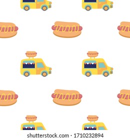 Seamless summer pattern. Cafe on Wheels. Hot Dog Van