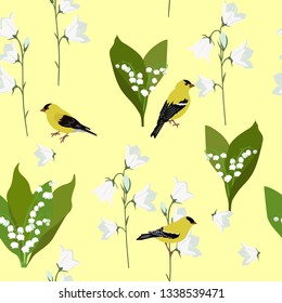 Seamless summer pattern with campanula, lily of the valley and birds on a yellow background. For decoration of textiles, packaging and web design. Vector illustration.