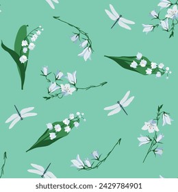 Nahtloses Sommermuster mit Campanula, Maiglöckchen und Libellen auf türkisfarbenem Hintergrund. Zur Dekoration von Textilien, Verpackungen und Webdesign. Vektorgrafik.