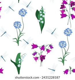 Seamless summer pattern with campanula, lily of the valley and dragonflies on a white background. For decoration of textiles, packaging and web design. Vector illustration