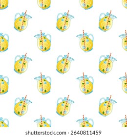 Seamless summer pattern with cartoon lemonade pitchers and red striped straws. Cartoon vector background. 