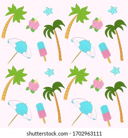 Seamless summer pattern in cartoon style, hand drawn, light background, wrapping