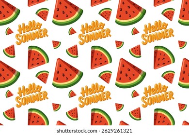 Seamless summer pattern with cartoon watermelon slices and Hello Summer phrase lettering. Vector background illustration 