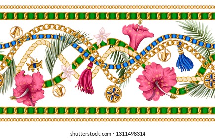 Seamless summer pattern with chains and tropical leaves and flowers. Trendy fashion print