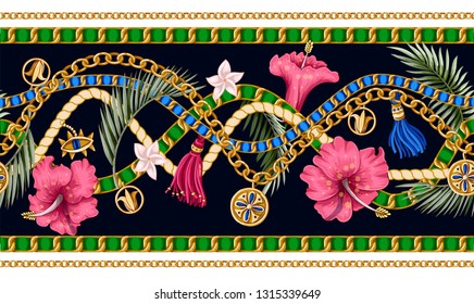 Seamless summer pattern with chains and tropical leaves and flowers. Trendy fashion print