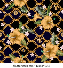 Seamless summer pattern with chains and tropical leaves and flowers. Trendy fashion print