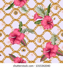 Seamless summer pattern with chains and tropical leaves and flowers. Trendy fashion print