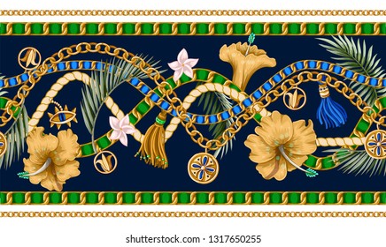 Seamless summer pattern with chains and tropical leaves and flowers. Trendy fashion print