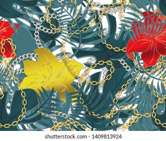 Seamless summer pattern with chains, tropical leaves and hibiscus flowers. Trendy fashion print