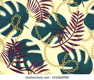 Seamless summer pattern with chains and tropical leaves. Exotic texture for fabric. Trendy fashion print. textile, wrapping paper, wallpaper design