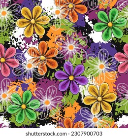Seamless summer pattern with chamomile flowers, grunge brush strokes, splatter, smudge of paint. Groovy, hippie, naive style. Good for apparel, fabric, textile, surface design.